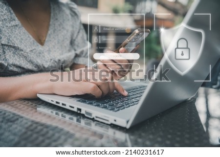 Personal Data Access and Technology Security for Business Financial. Business Woman Using Mobile While Accessing Private Data on Laptop. Technology Database Security Network System for Global Business Foto stock © 