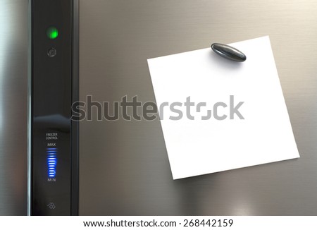 A note on a silver refrigerator, held with a magnet. The note is blank for the buyer\'s own text.