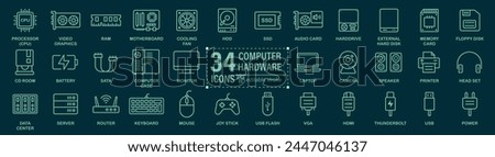 Computer hardware icon set. Computer components icons containing monitor, server, cpu, hard drive, ram, webcam, printer and more. Solid Vector collection of icons.