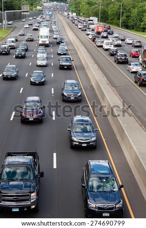 Stamford, CT - June 6, 2014: Scene of heavy traffic on the interstate highway in Stamford Connecticut on June 6, 2014.