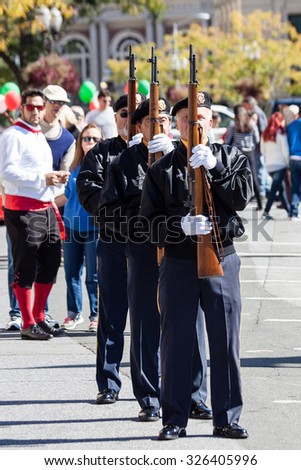 Stamford, CT, USA - October 11, 2015: Individuals participating in the annual Columbus Day Parade in Stamford, Connecticut on October 11, 2015.