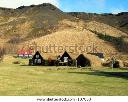 A typical old Icelandic farm with a roof made from growing grass.