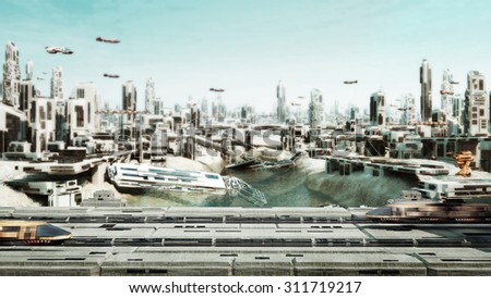 Scifi Cityscape transport airship and Train from the future