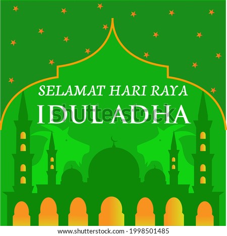 Happy Eid Al-Adha. Vector mosque and goat background as the hallmark of the Eid al-Adha event with a green background.