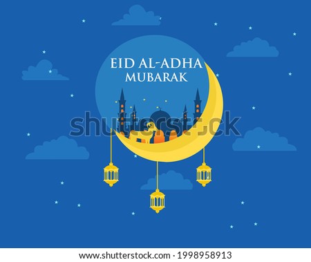 Eid Al-Adha Mubarak. Vector crescent moon with goat and mosque as a hallmark of Eid al-Adha event on dark blue background.
