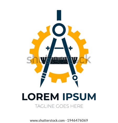 Logo descriptive geometry, engeneering graphics and mechanical drawing. Vector compass, ruler and cogwheel