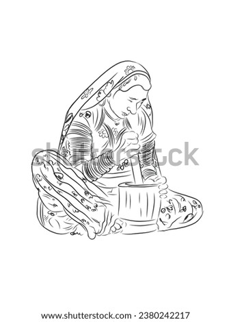 Indian Women Traditional Digital Painting. Indian Women Grinding Spices in Traditional Way. Digital Painting Line Art.