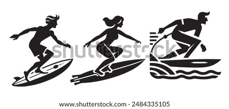 black and white surfer vector logo element illustration symbol surfing person silhouette water surfer