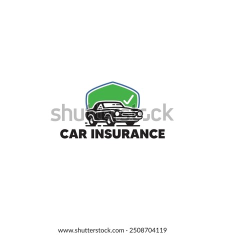 Illustration of a car insurance logo with a green checkmark shield symbolizing protection and security. Ideal for insurance companies, automotive businesses, or promotional material related to car saf