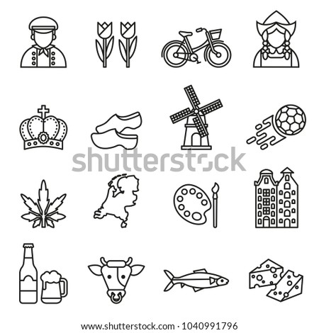netherlands symbols and dutch culture icons set on white background. Line Style stock vector. ストックフォト © 