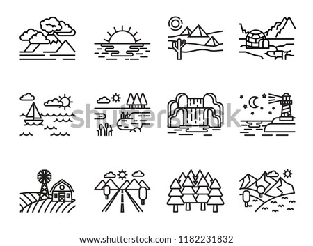 Nature Landscape Icons set. Line Style stock vector.