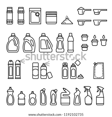 Detergents. Chemicals for cleaning and disinfection bottles icons. Thin Line Style stock vector.
