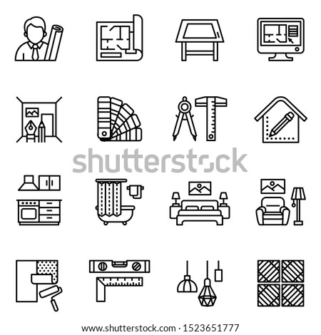 interior design icon set with white background. Line style stock vector.