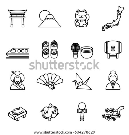 Japanese theme icon set. Thin Line Style stock vector.