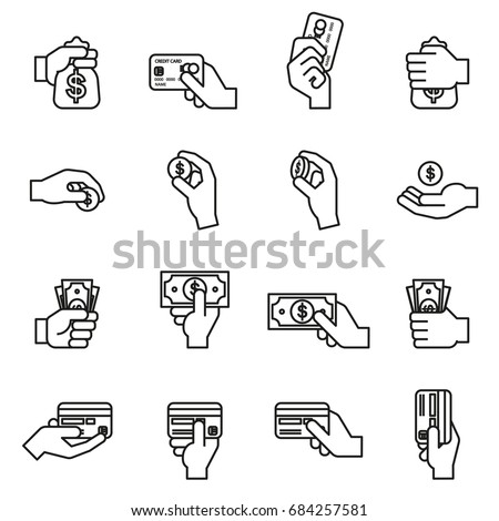 Hand holding money, money bag, coin and credit card  icon set. Line Style stock vector.