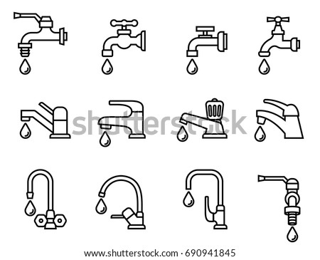  vector icon-illustration of the faucet with water drop. Tap sign. Bathroom symbol. Line Style stock vector.