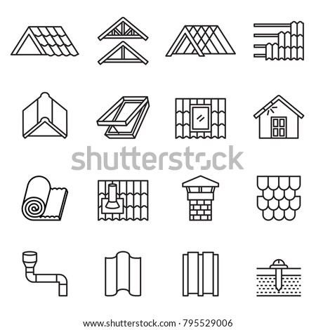 Roof, housetop construction materials, waterproofing icon set. Thin Line Style stock vector.