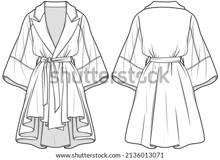 Peak Lapels Neck Back Long Wrapper Short Dress, Trumpet Sleeve Wrap  short Dress Front and Back View. Fashion Illustration, Vector, CAD, Technical Drawing, Flat Drawing. ストックフォト © 