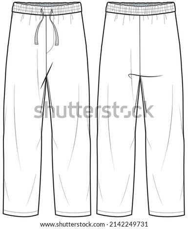 Mens Elasticated Waist Bottom, Pajama Pants with String Bow, Men's, women, Unisex Fashion Illustration, Vector, CAD, Technical Drawing, Flat drawing.	