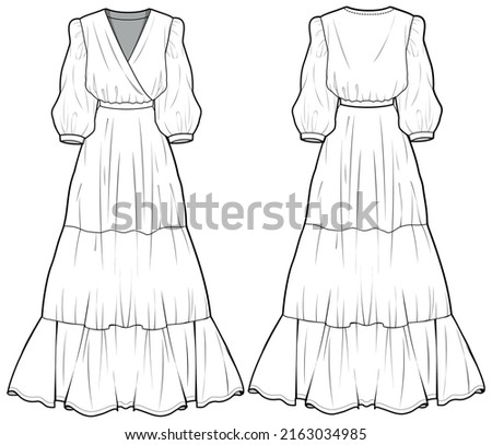 Woman Cross Over Bishop Sleeve Tiered Frill Hem Maxi Dress, Overlap Tiered Modesty Dress Front and Back View. Fashion Illustration, Vector, CAD, Technical Drawing, Flat Drawing. Сток-фото © 