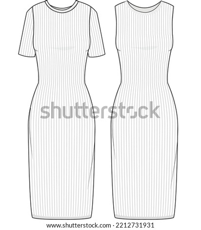 Short Sleeve Bodycon Rib Dress, Sleeveless Tight Rib Dress, Rib Dress Sets Fashion Illustration, Vector, CAD, Technical Drawing, Flat Drawing, Template, Mockup.	