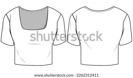 Scoop Neck Crop Top, Square Neck Crop T-shirt Front and Back View. Fashion Illustration, Vector, CAD, Technical Drawing, Flat Drawing, Template, Mockup	
