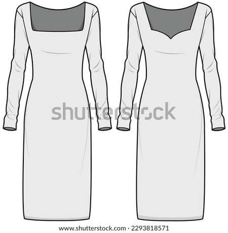 Long Sleeve Square Neck Bodycon Dress, Long Sleeve Sweetheart Neck Pencil Cut Dress Fashion Illustration, Vector, CAD, Technical Drawing, Flat Drawing, Template, Mockup.	