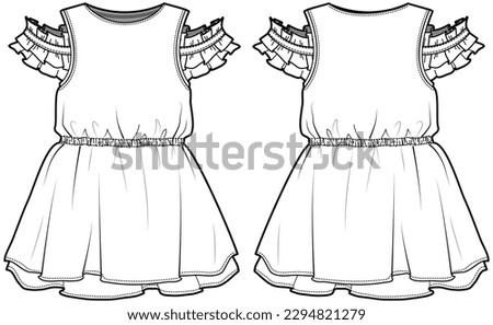 Kids Girl Frilled Sleeve Cold Shoulder Layered Dress Front and Back View. Fashion Illustration, Vector, CAD, Technical Drawing, Flat Drawing, Template, Mockup.	