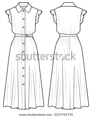 Women Frilled Sleeveless Collared Maxi Shirt Dress Front and Back View. Fashion Illustration, Vector, CAD, Technical Drawing, Flat Drawing, Template, Mockup.