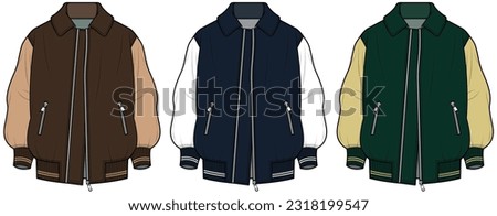 Flight Jacket, Varsity Jacket, Bomber Jacket Front and Back View. Men's, women, Unisex Fashion Illustration, Vector, CAD, Technical Drawing, Flat Drawing, Template, Mockup.