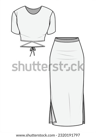 Short Sleeve Waist Tie Crop Top with Midi Side Slit Tight Skirt Set Fashion Illustration, Vector, CAD, Technical Drawing, Flat Drawing, Template, Mockup.