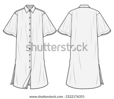 Butterfly Sleeve collared button down side slit shirt dress Front and Back View. Fashion Flat Sketch Vector Illustration, CAD, Technical Drawing, Flat Drawing, Template, Mockup.