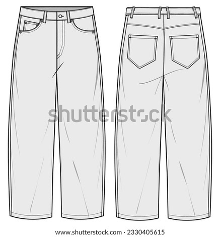 Boyfriend Jeans, Mom-fit Jeans, Low Rise Cropped Denim Front and Back View. Fashion Flat Sketch Vector Illustration, CAD, Technical Drawing, Flat Drawing, Template, Mockup.