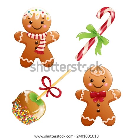 Set of Christmas vector illustrations featuring cartoon gingerbread men, candy cane and caramel apple