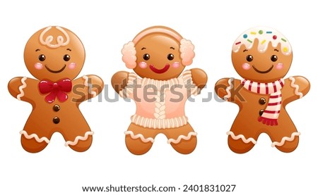 Set of cute Christmas vector illustrations of cartoon gingerbread men and woman. Funny hand drawn holidays clipart 