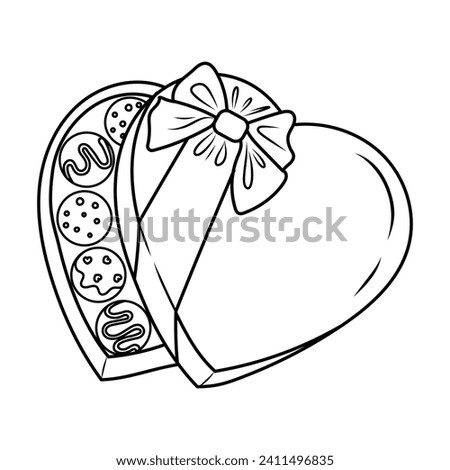 Hand drawn vector illustration of a heart shaped chocolate candy gift box. Colouring book page. doodle, sketch