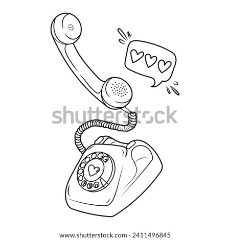 Hand drawn vector illustration of retro telephone and hearts. Romantic doodle sketch for valentine's day. 