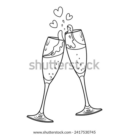 Vector illustration of two champagne glasses for valentine's day.Doodle sketch of clinking glasses. Colouring book page