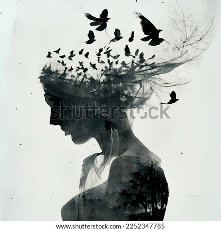 silhouette of  beautiful girl with birds , double exposure