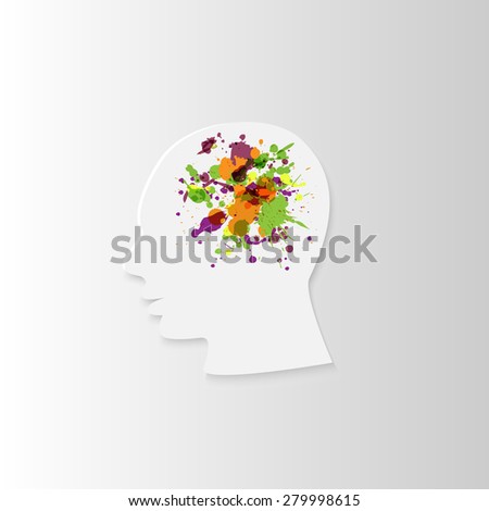 white paper head in profile with spray paint in the brain, on a white background
