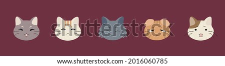 Set of cat head cartoon style with different facial expressions in various breed maroon colored background. Flat vector illustration
