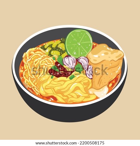Khao Soi,Khao Soi Kai, Thai Noodles Khao Soi, Chicken Curry with seasoning on wooden floor, Northern Thai food concept.