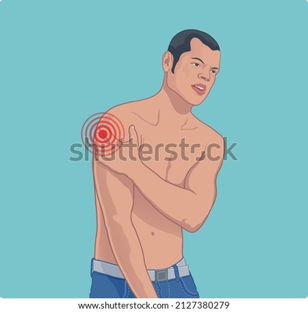 Man with pain at injection site after getting COVID-19 vaccine vector illustration. Man with arm pain shoulder muscle hurt vector.
