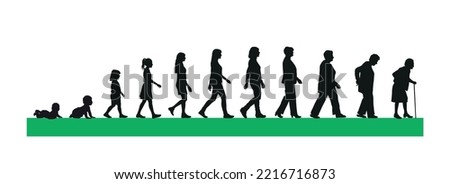 Life cycles of woman from a little baby to senior woman silhouette vector illustration.