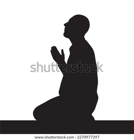 Muslim man praying silhouette on white background.