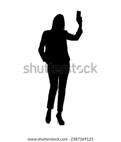 Business woman taking selfie with smartphone on white background silhouette vector.	