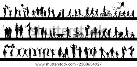 Group people adult seniors and kids outdoor activities vector silhouette set. Family recreation friends children having fun outdoor in park silhouettes.