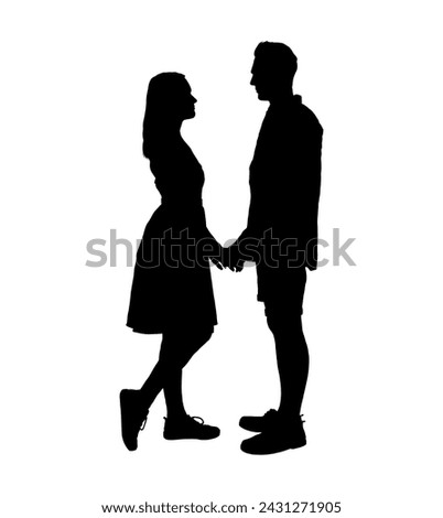 Romantic couple holding hands facing each other vector silhouette.	