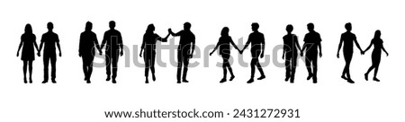 Couple holding hands while walking isolated vector silhouette set.	