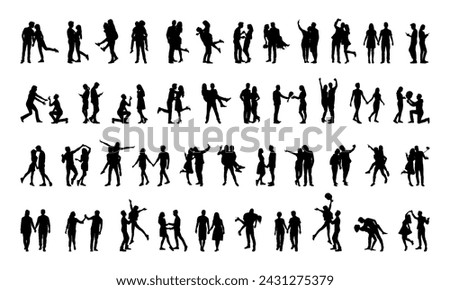 Collection of romantic couple silhouettes in various poses set. Couples falling in love different poses vector silhouette set.	